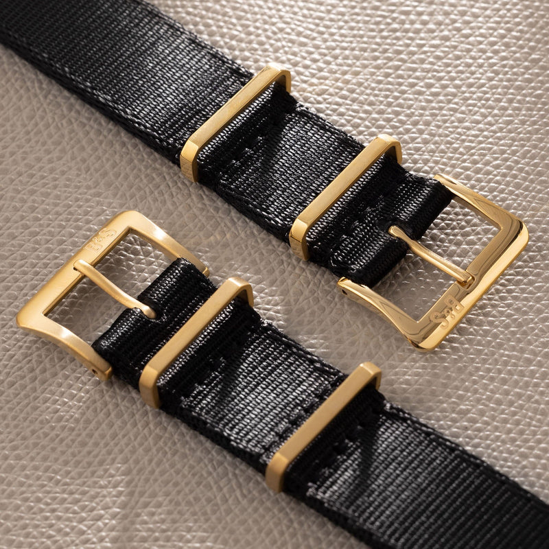 Deluxe Nylon Nato Watch Strap Pure Black - Gold Brushed