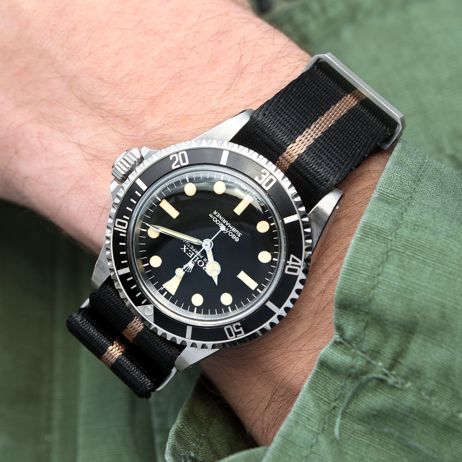 Rolex Deluxe Nylon Nato Watch Strap Black One Stripe Bronze