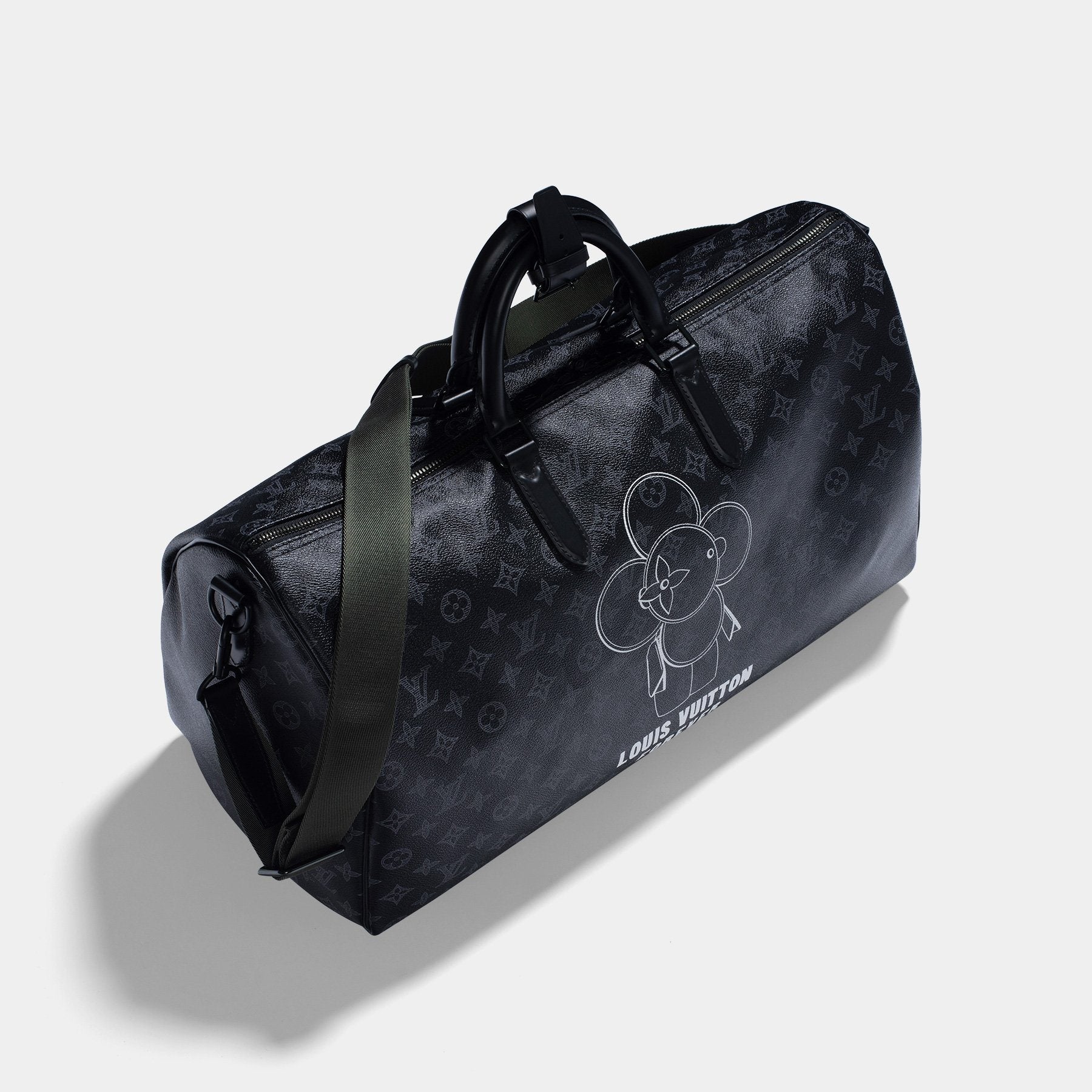 Louis Vuitton Black Monogram Coated Canvas Eclipse Vivienne Keepall Bandouliere 50 Black Hardware (Very Good), Handbag