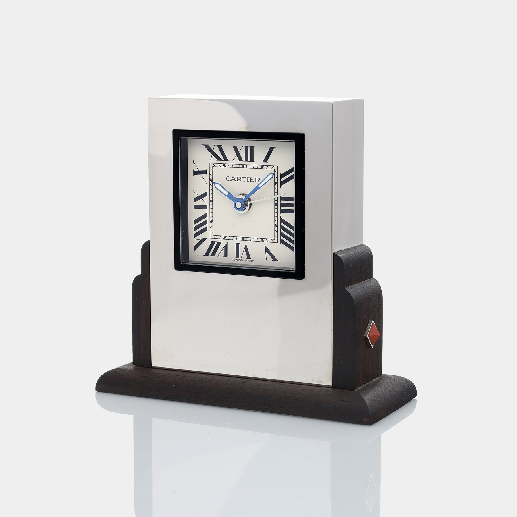 Cartier Art Deco Style Steel and Ebonized Wood 'Pendulette Basculante' Desk Clock