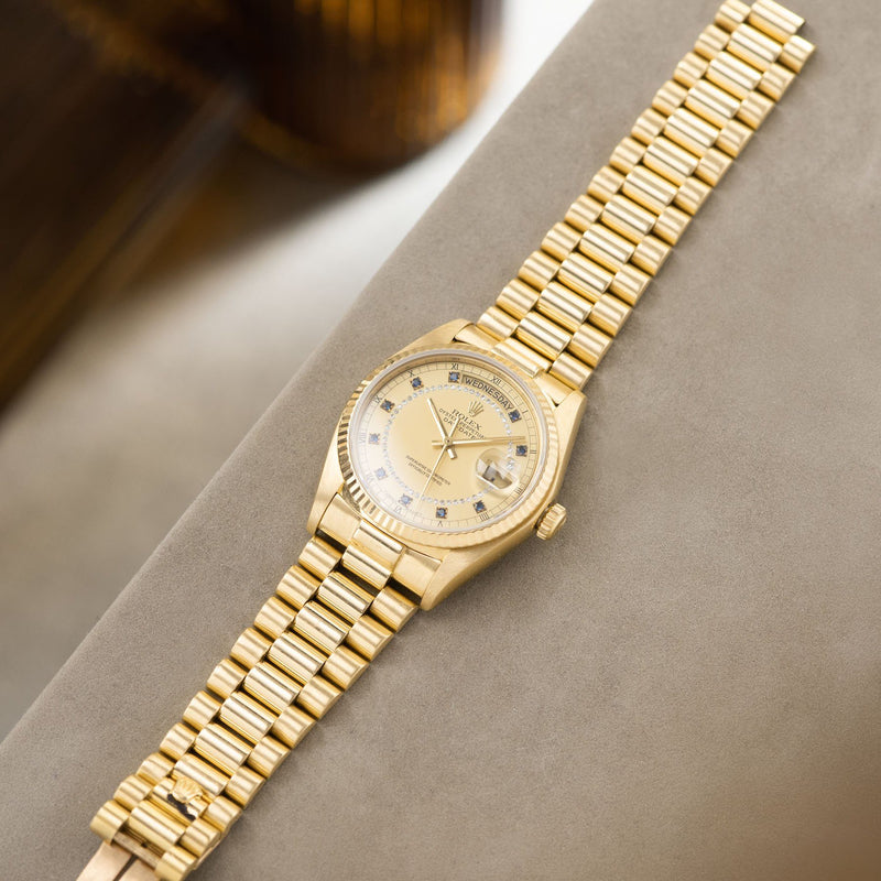 Rolex Day-Date Reference 18038 Blue Sapphire String Dial on a yellow gold President bracelet 
