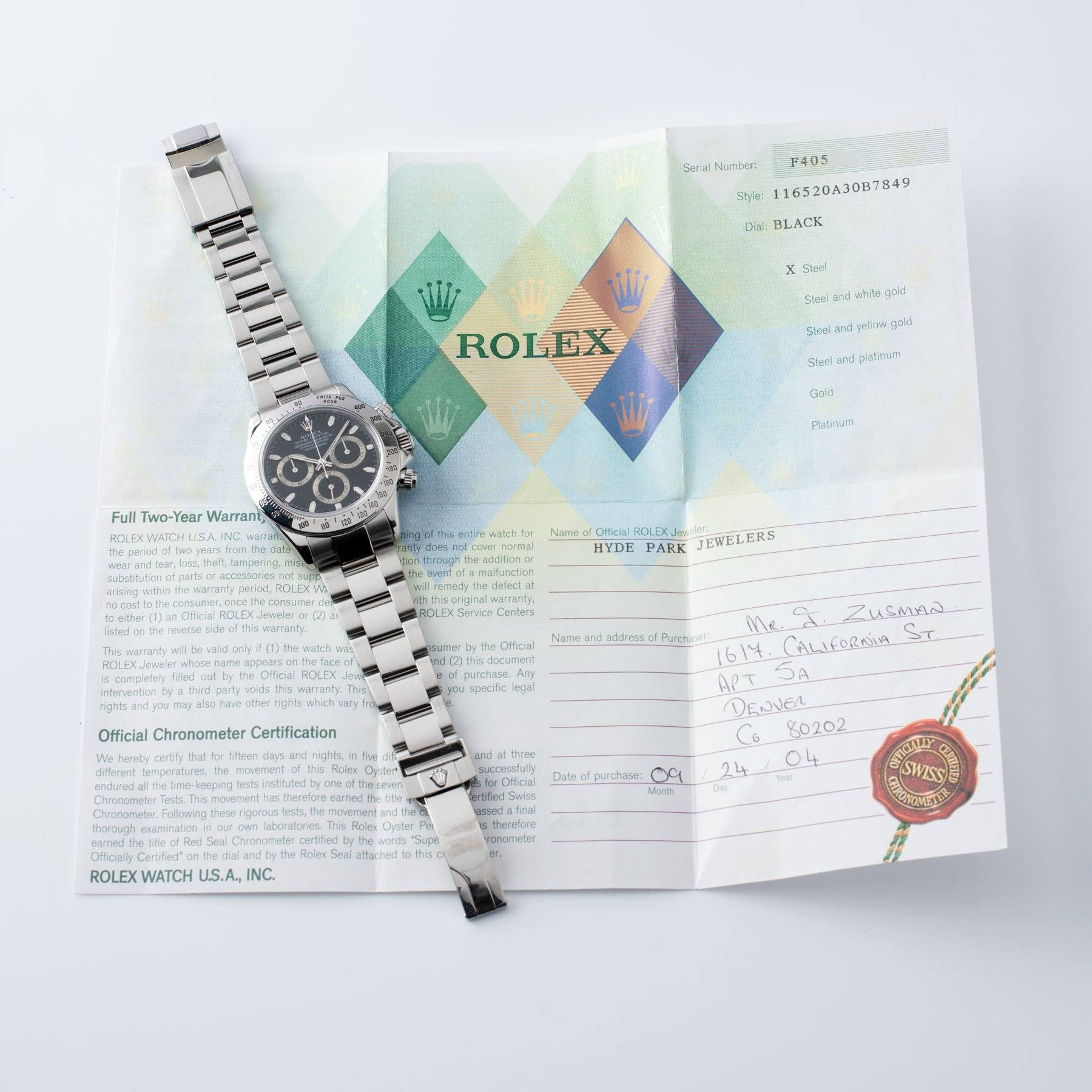 Original papers Rolex Daytona Steel 116520 Black Dial Box and Papers  on Oyster bracelet 