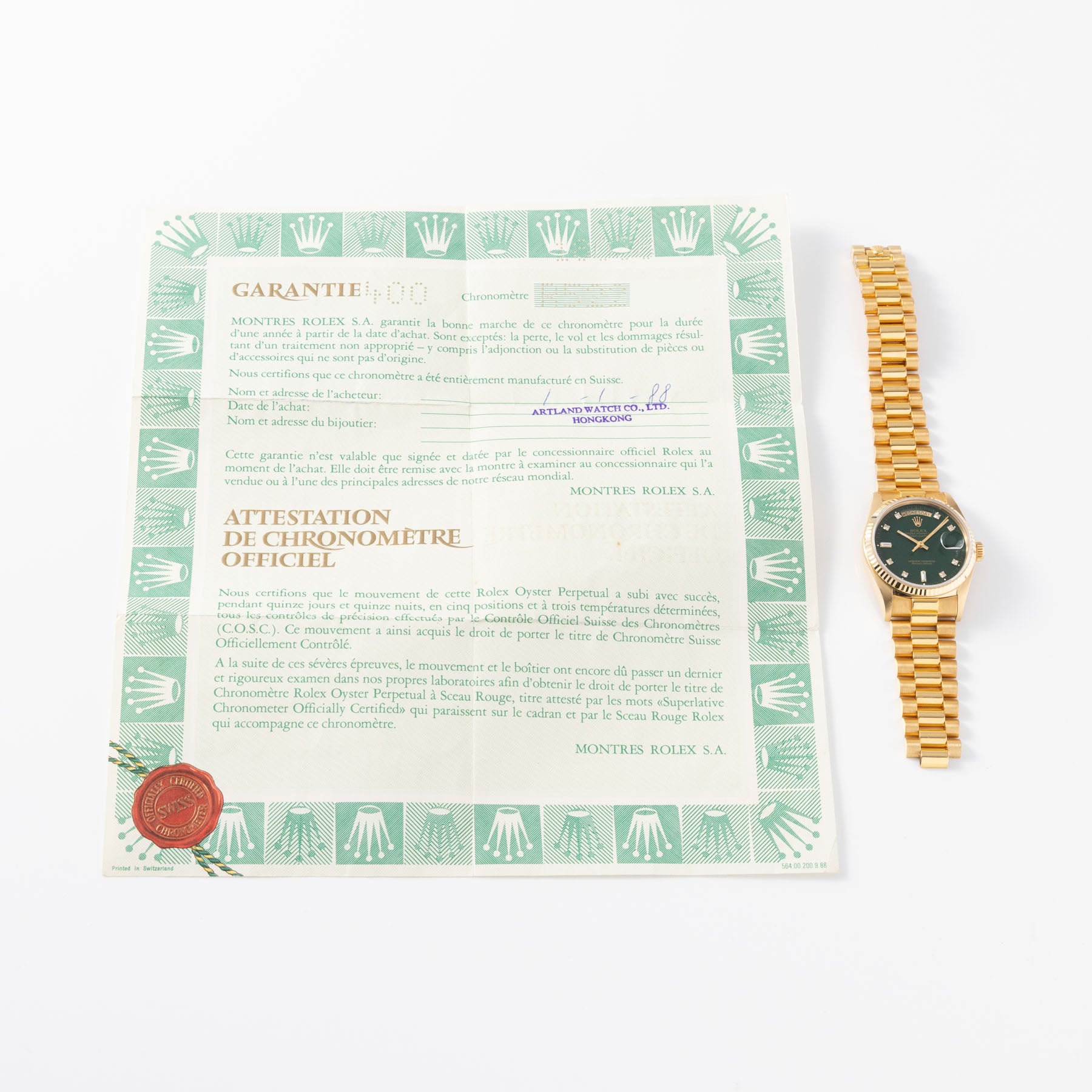 Rolex Day-Date 18038 Green Stella Diamond Dial with Papers