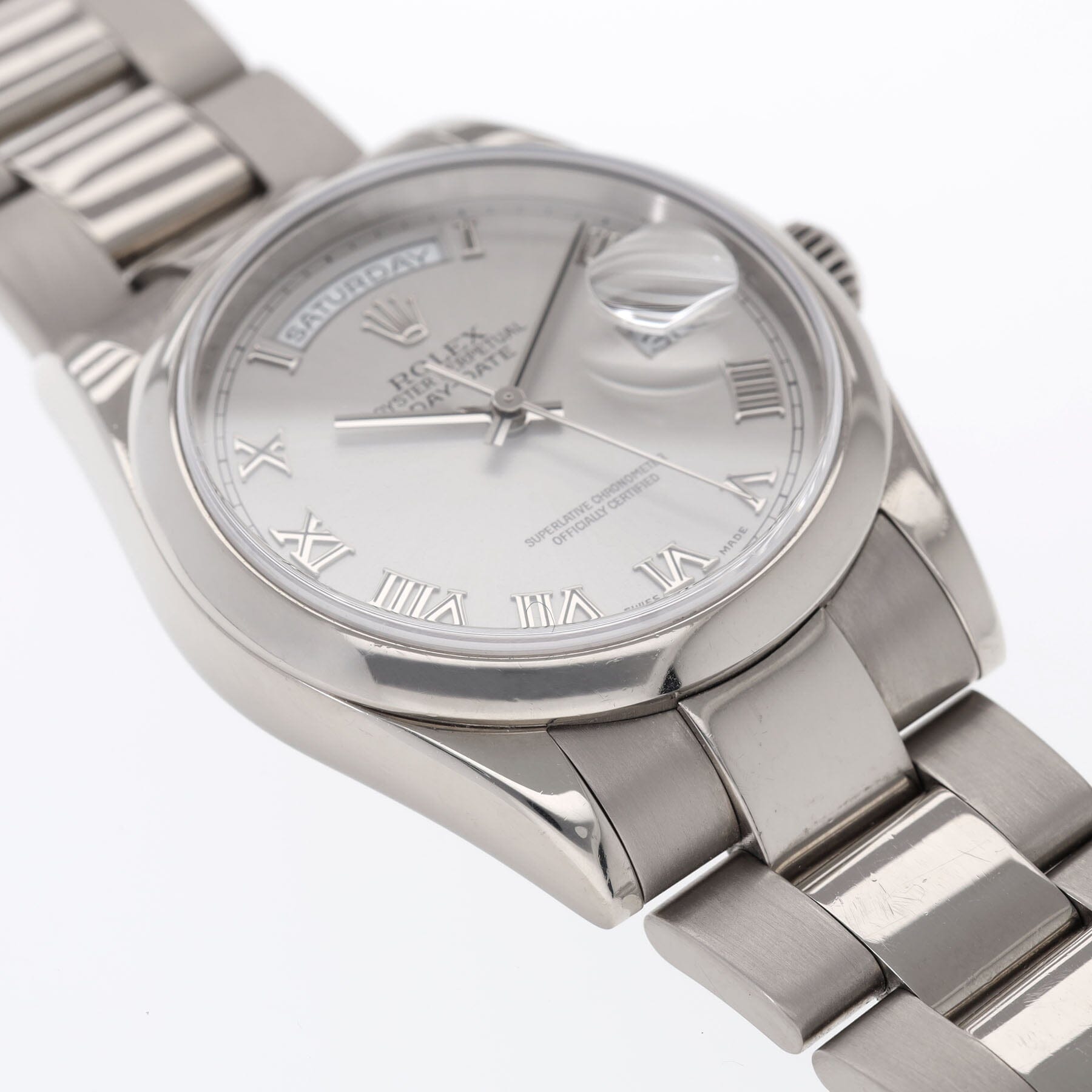 Rolex Day-Date 118209 White Gold Smooth Bezel Silver Dial