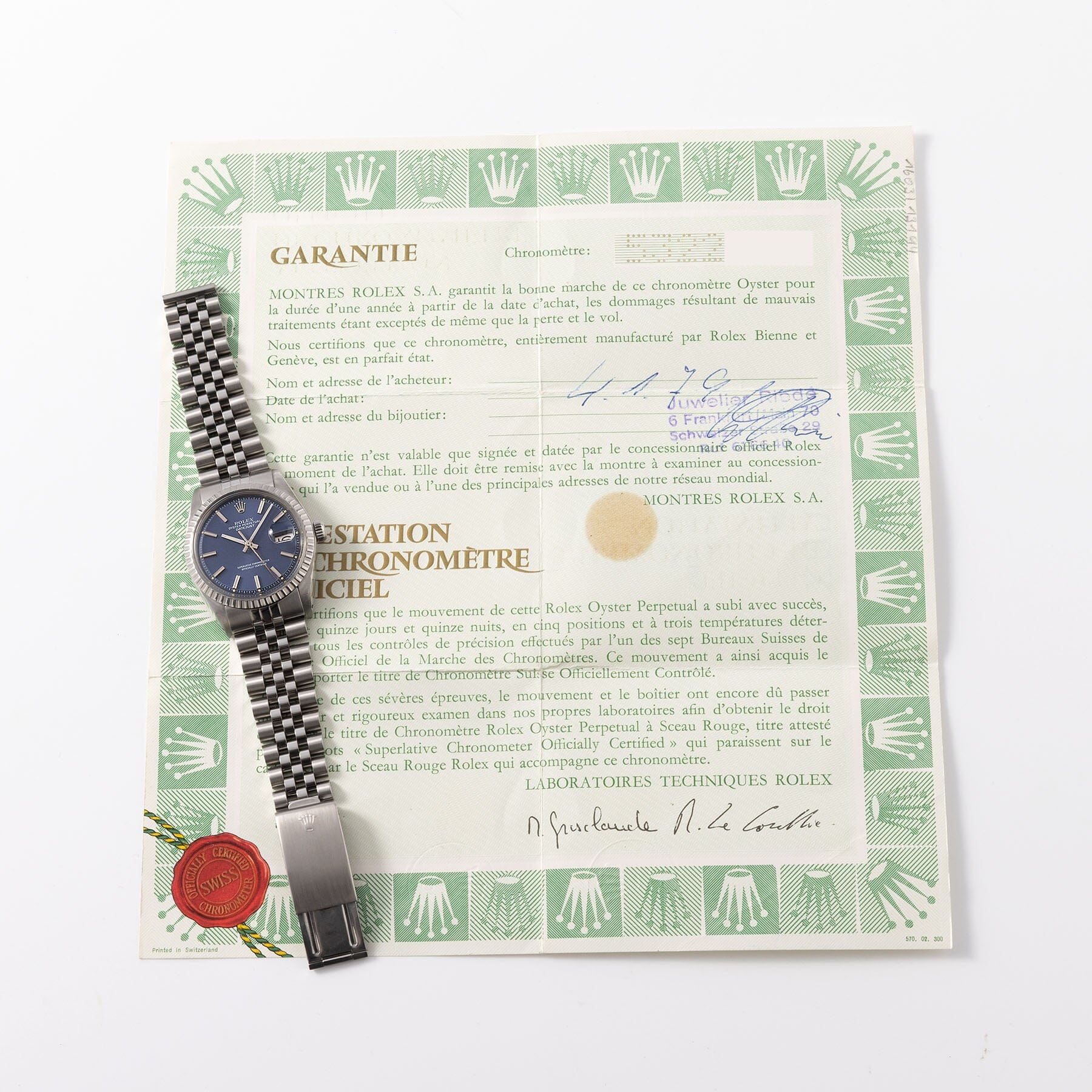 Rolex Datejust Blue Dial with Original Guarantee Paper ref 1603
