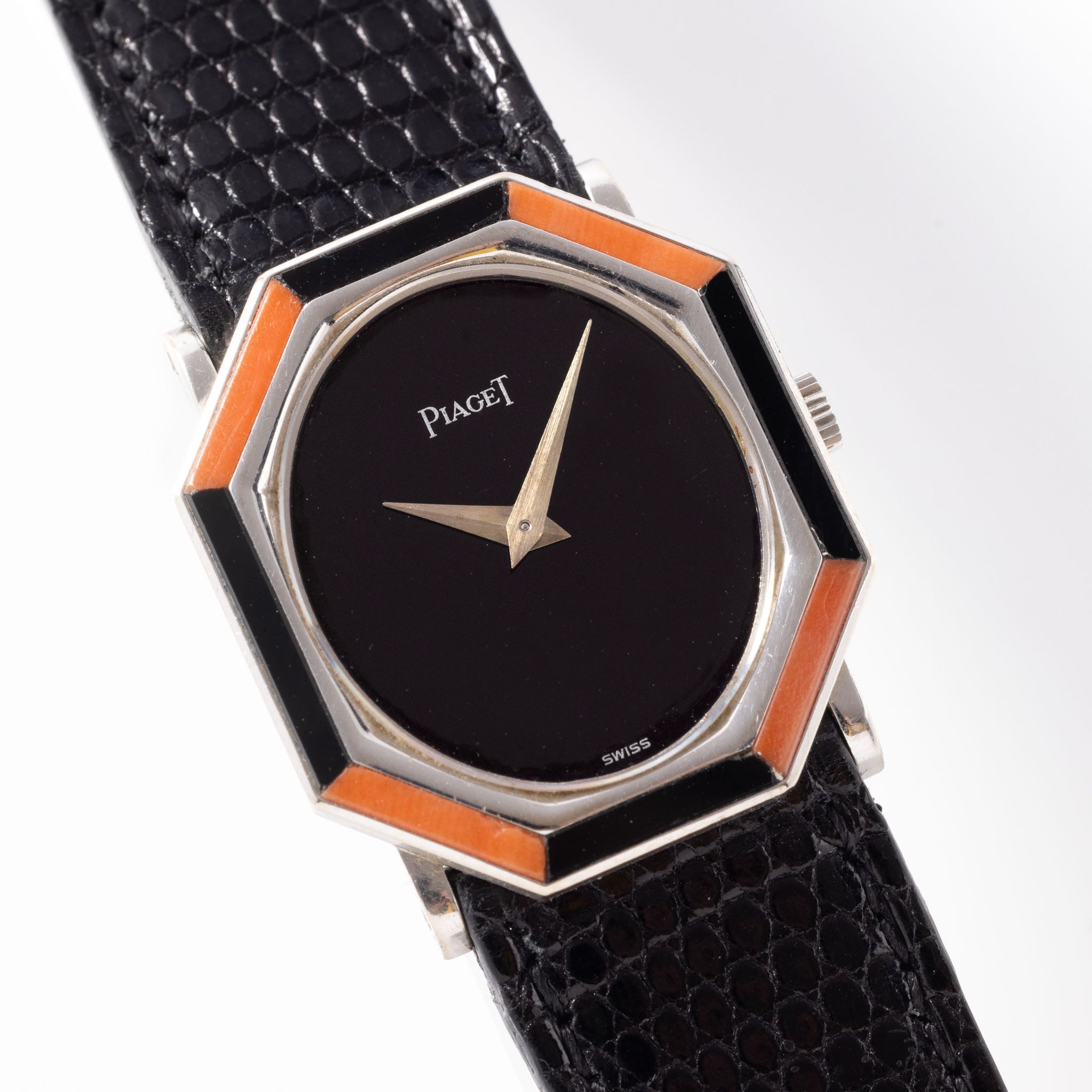Piaget 18k White Gold Dress watch with Onyx and Coral Ref 9341