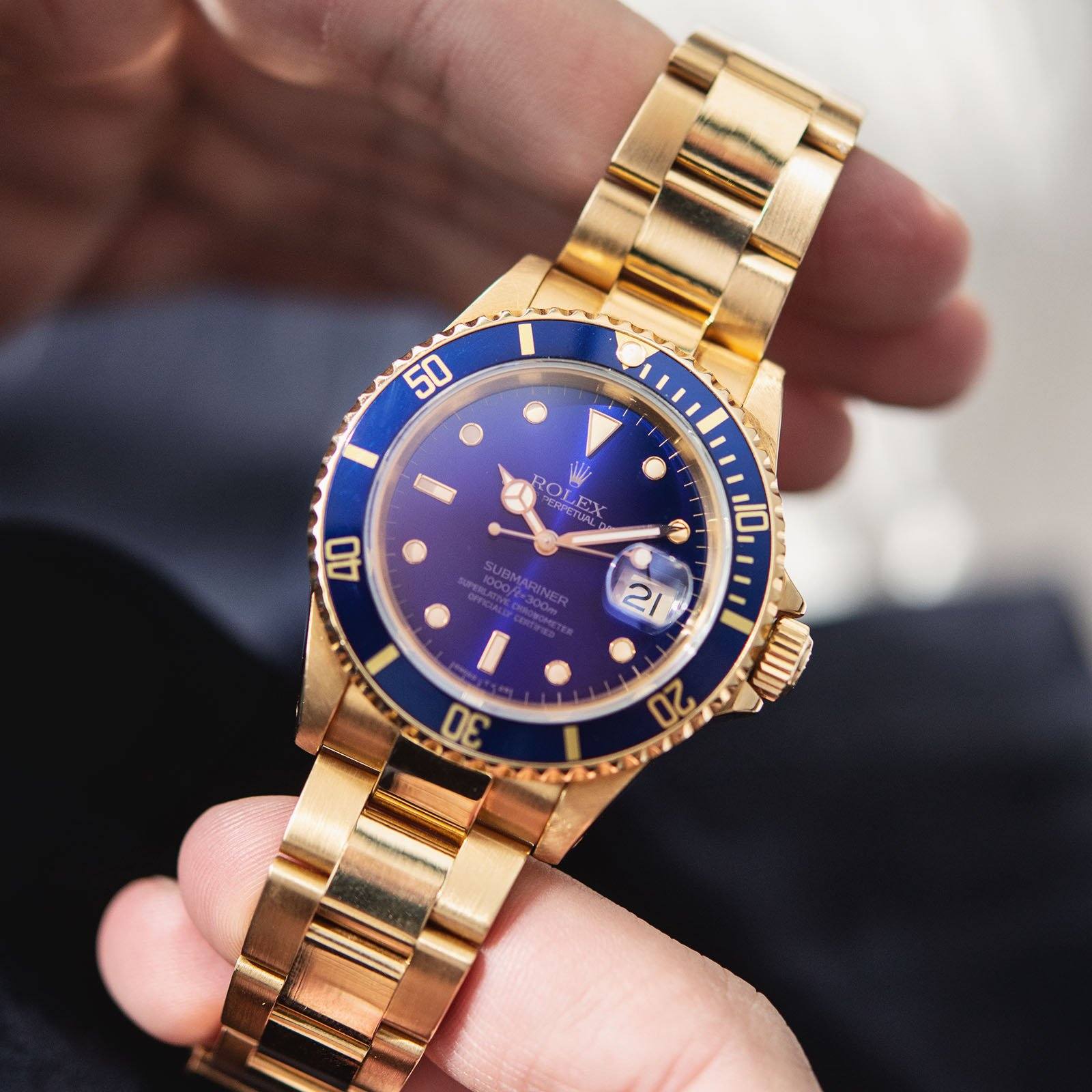 Rolex Submariner Date Purple Dial Yellow Gold 16618 Box and Papers