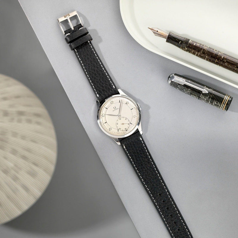 Omega Jumbo Rich Black Creme Stitch Leather Watch Strap