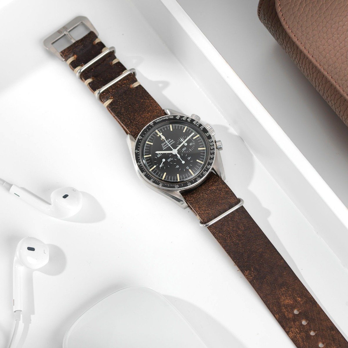 Omega Woodie Brown Nato Leather Watch Strap